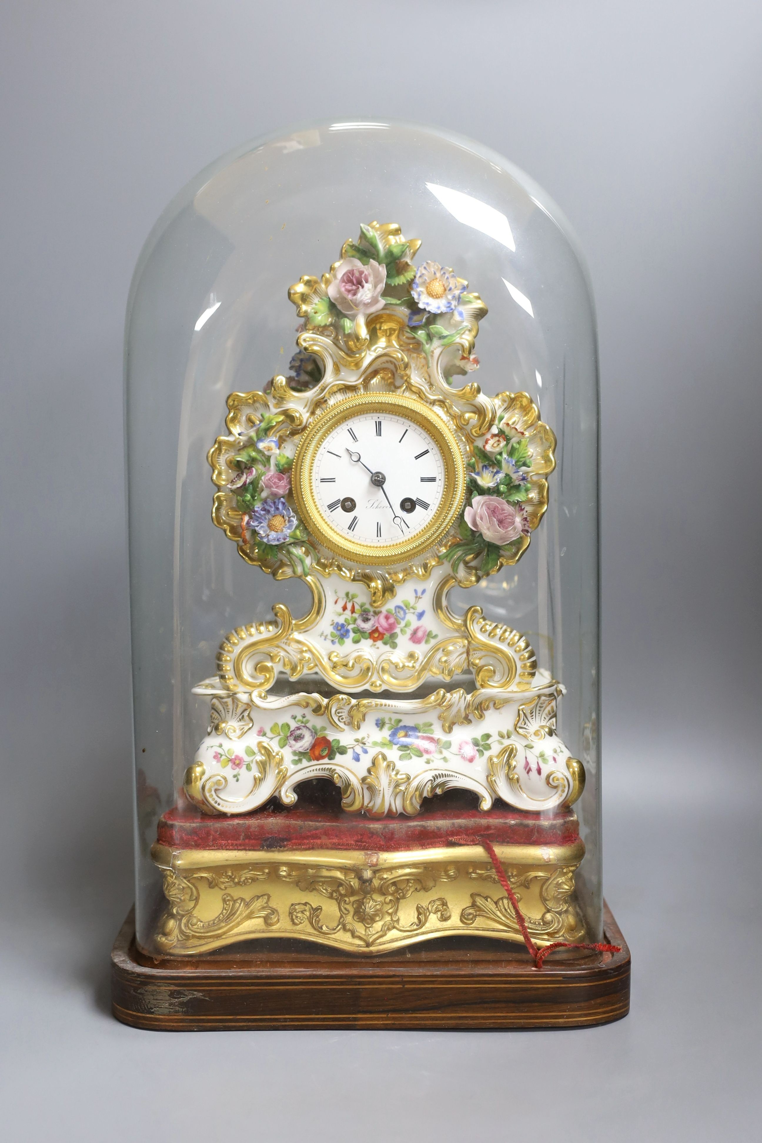 A 19th century French porcelain mantel clock, by Jacob Petit, in domed case - 45cm tall